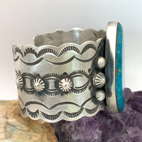 Navajo Kingsman Turquoise Stamped Sterling Silver Large Cuff Bracelet Butte J815 - Picture 6 of 8